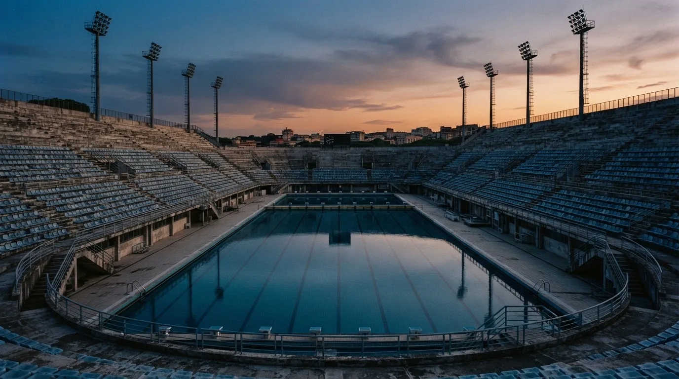 An empty football stadium with floodlight masts at dusk