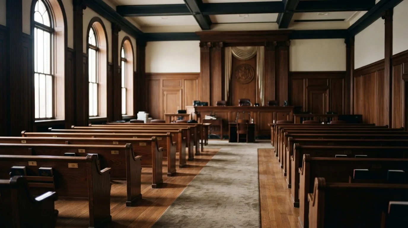 An empty courtroom with wooden benches in morning light