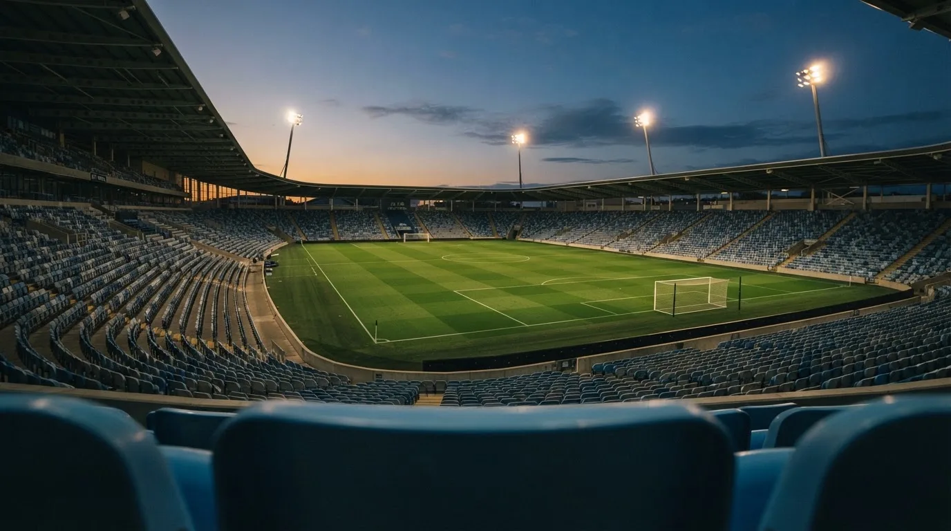 An empty football stadium with floodlight masts at dusk