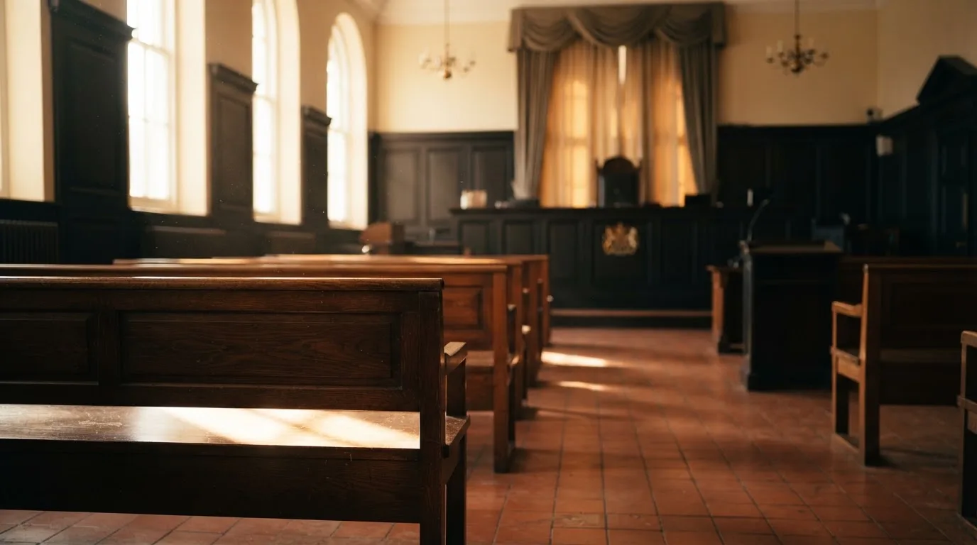 An empty courtroom with wooden benches in morning light