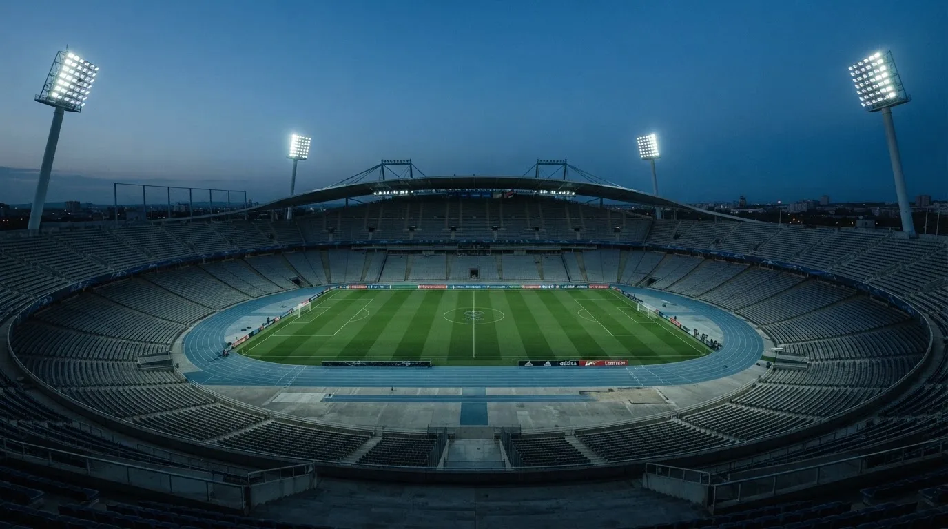 An empty football stadium with floodlight masts at dusk