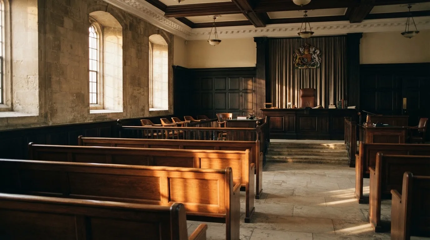 An empty courtroom with wooden benches in morning light