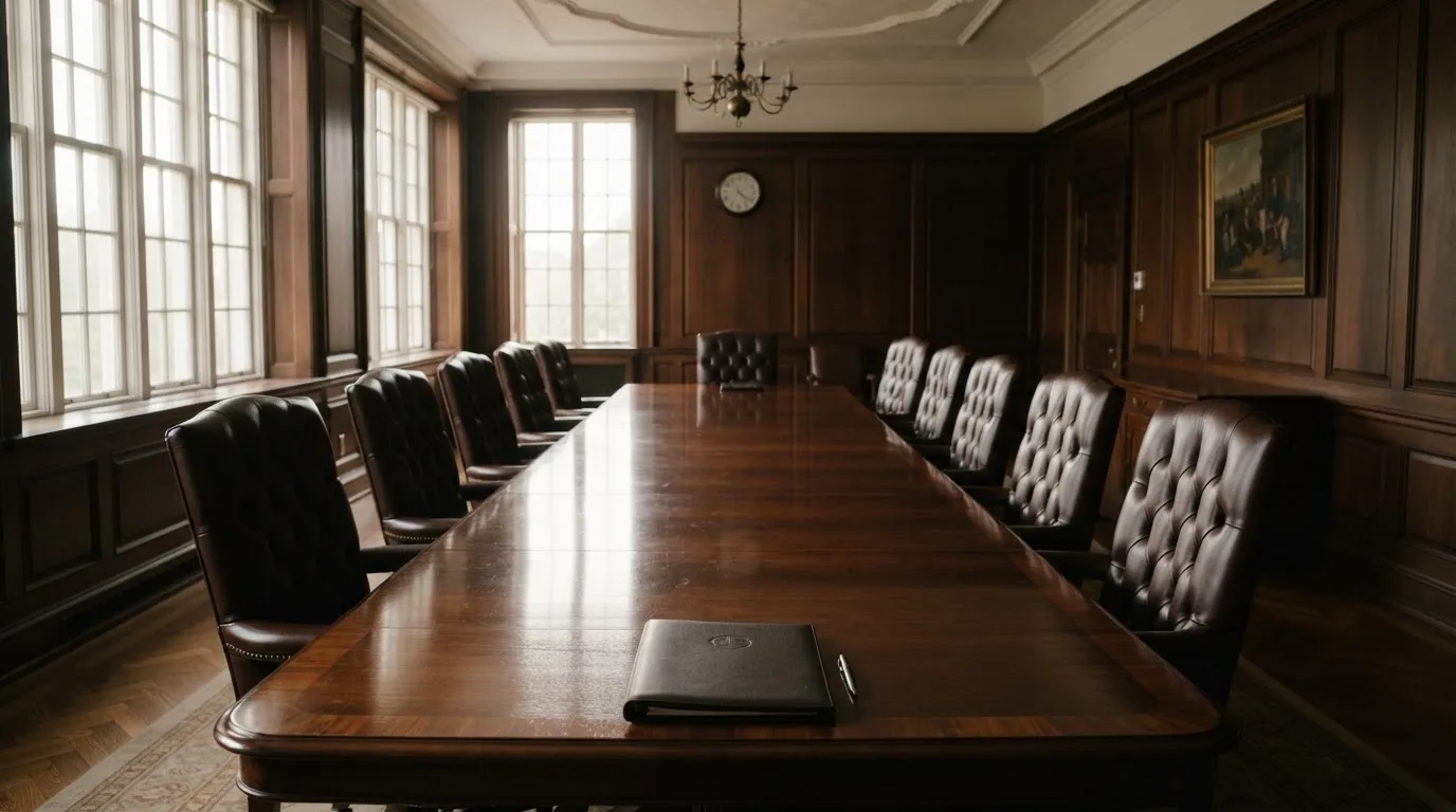 An empty courtroom with wooden benches in morning light
