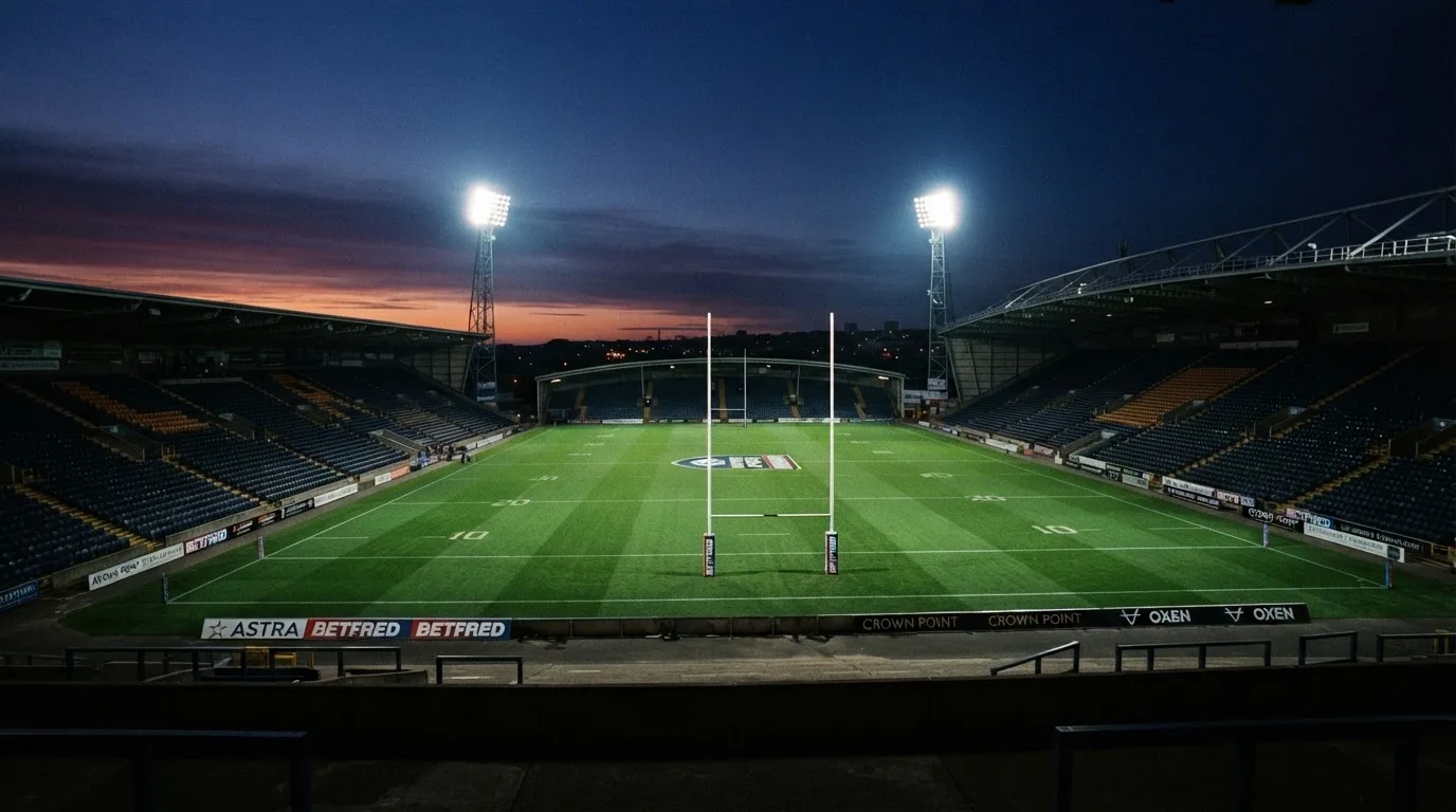 An empty football stadium with floodlight masts at dusk