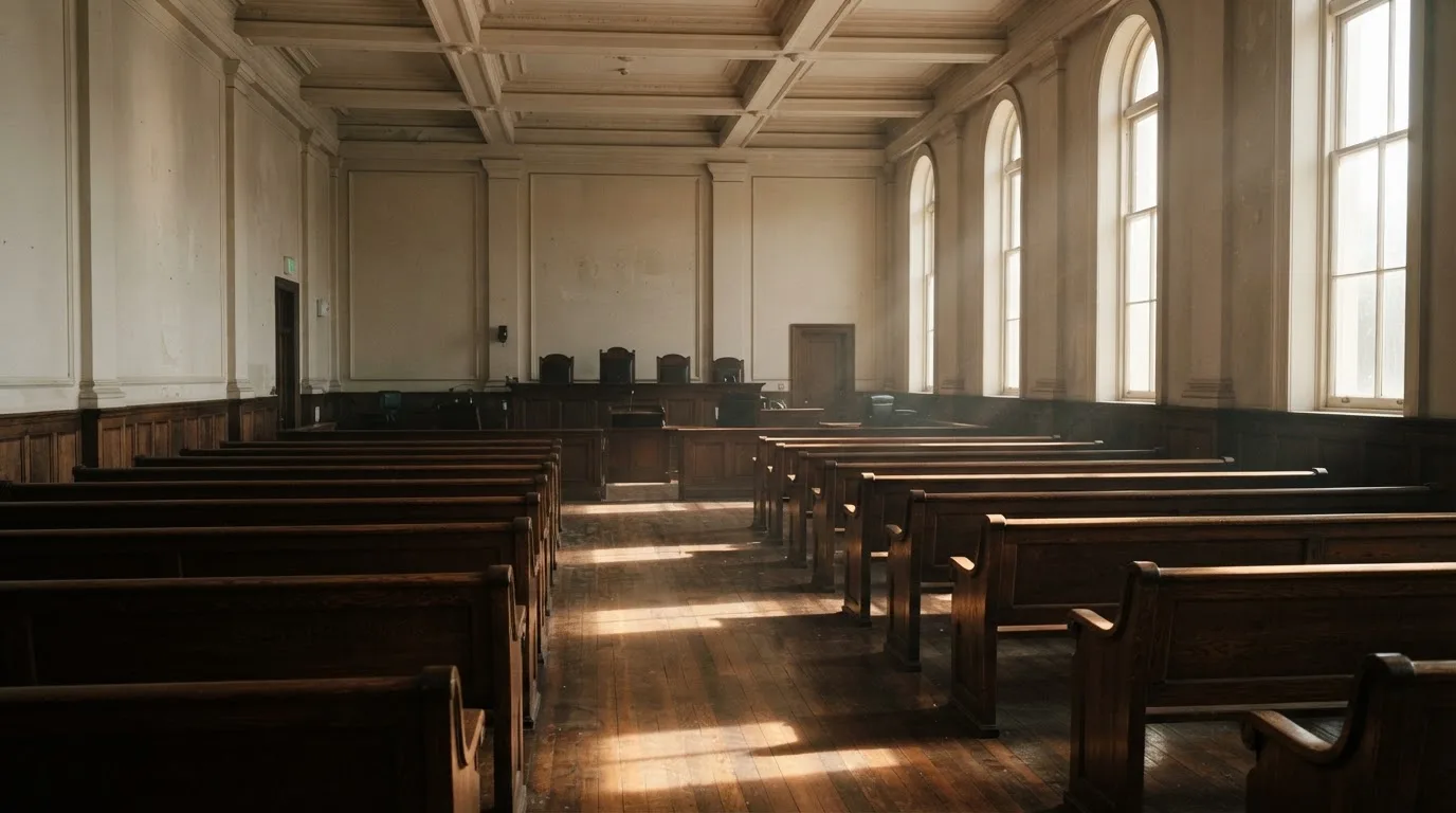 An empty courtroom with wooden benches in morning light