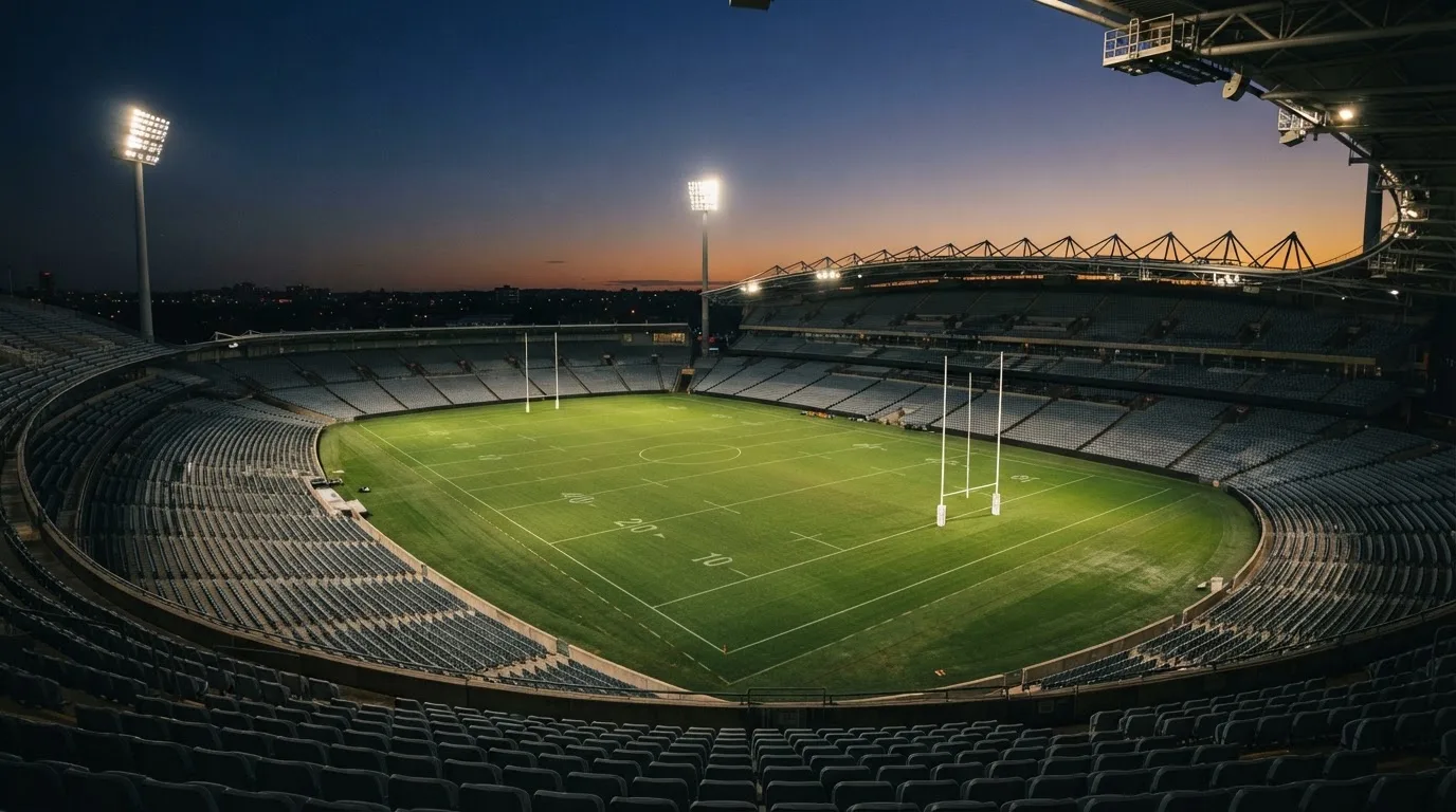 An empty football stadium with floodlight masts at dusk
