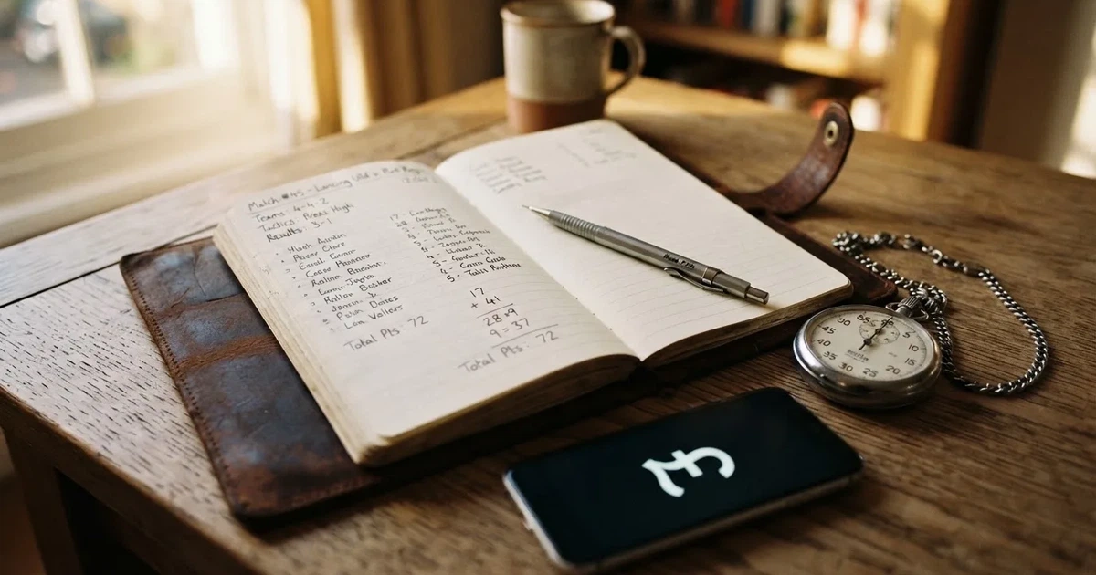 An open notebook with a pencil and a stopwatch on a wooden table