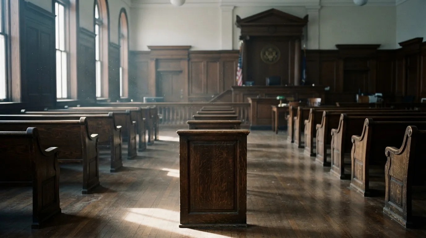An empty courtroom with wooden benches in morning light