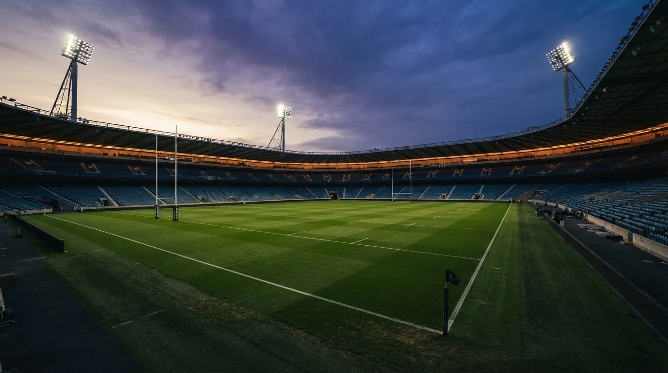 An empty football stadium with floodlight masts at dusk
