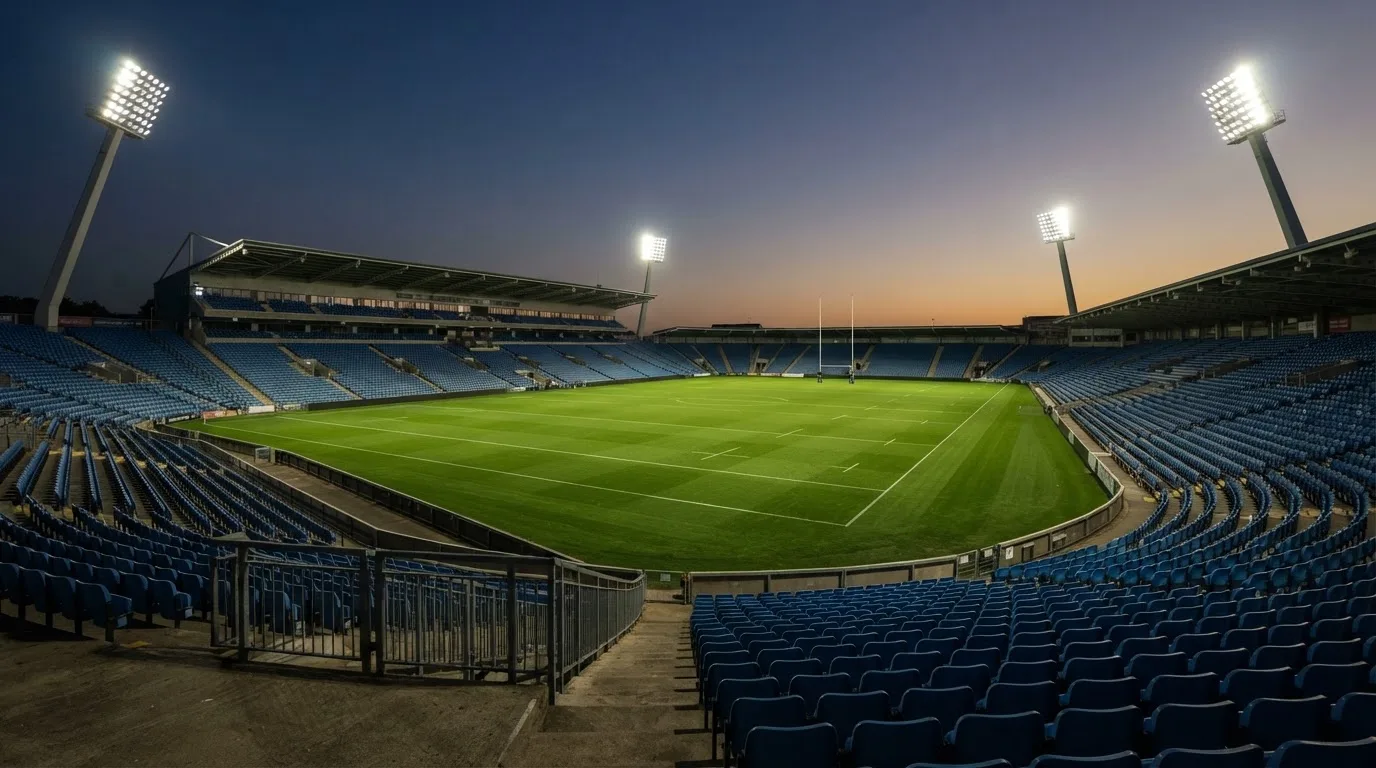 An empty football stadium with floodlight masts at dusk