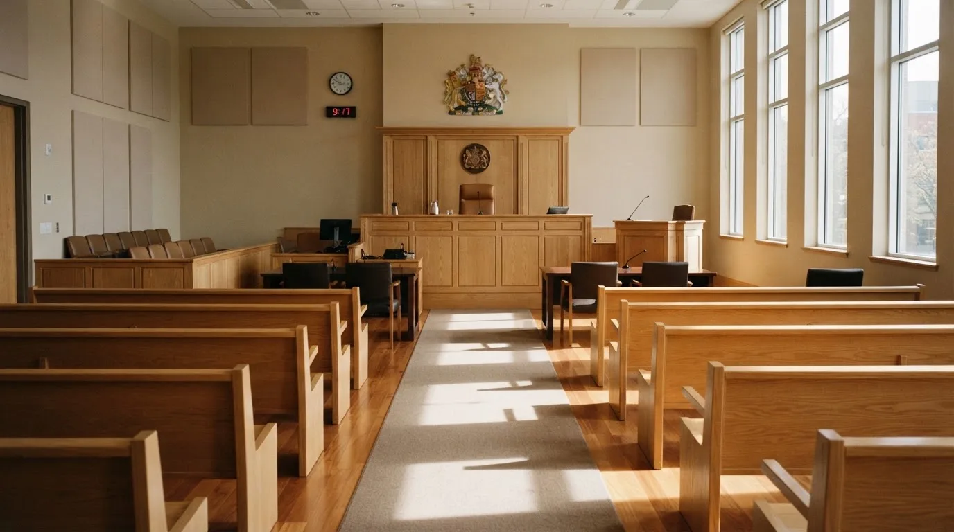 An empty courtroom with wooden benches in morning light