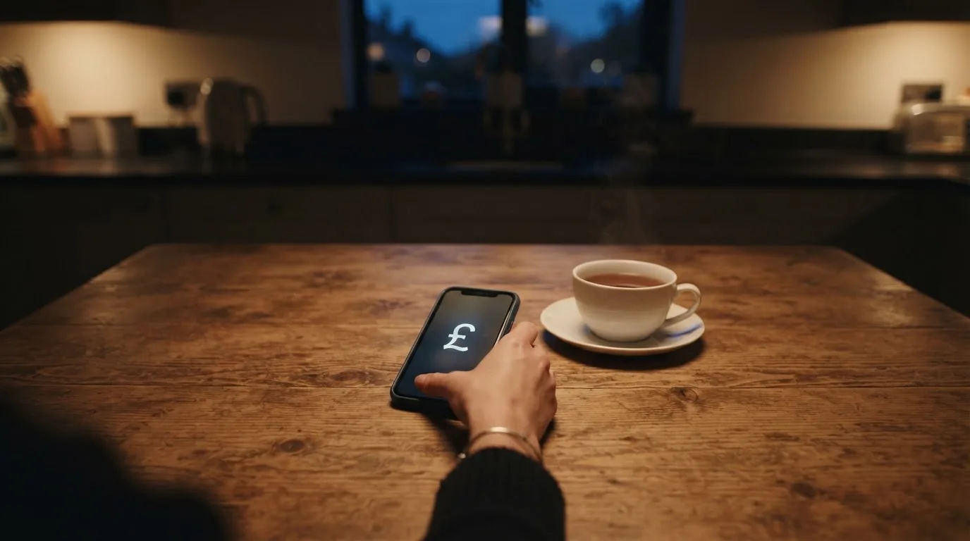 A hand setting a smartphone down beside a cup of tea on a kitchen table on a quiet evening