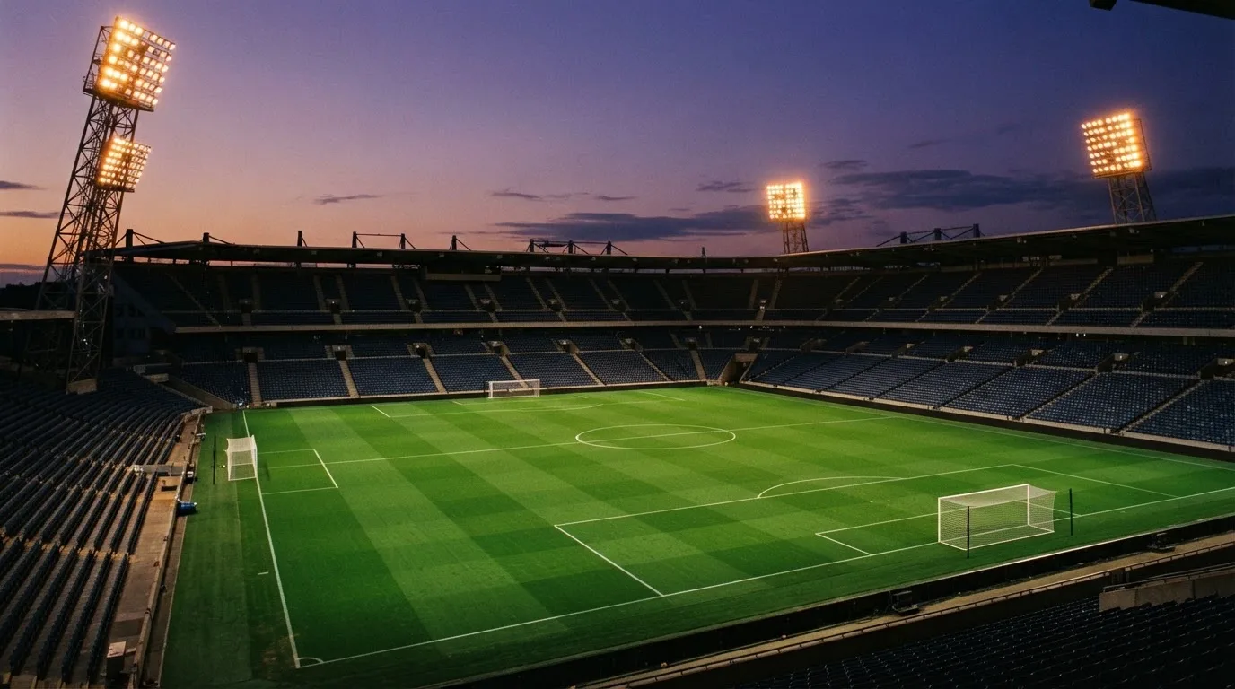 An empty football stadium with floodlight masts at dusk
