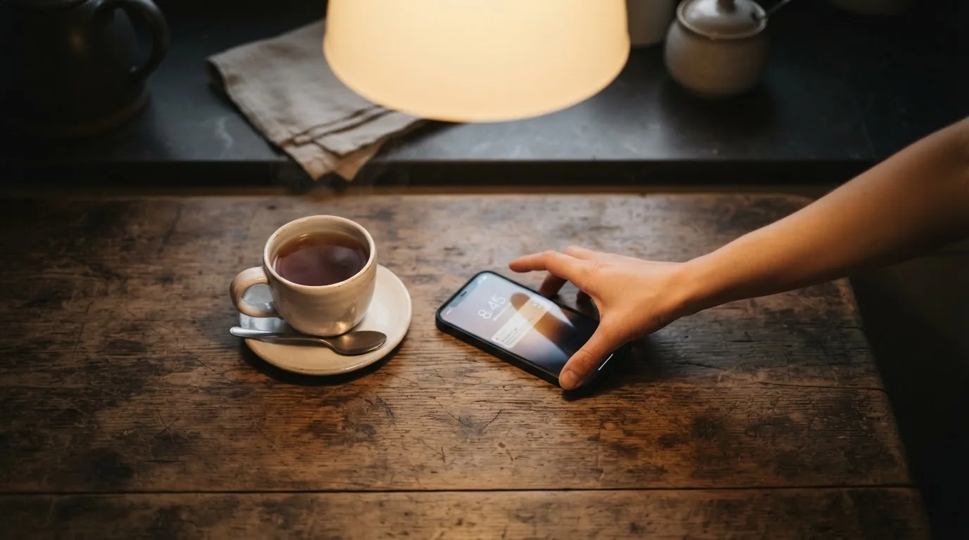 A hand setting a smartphone down beside a cup of tea on a kitchen table on a quiet evening