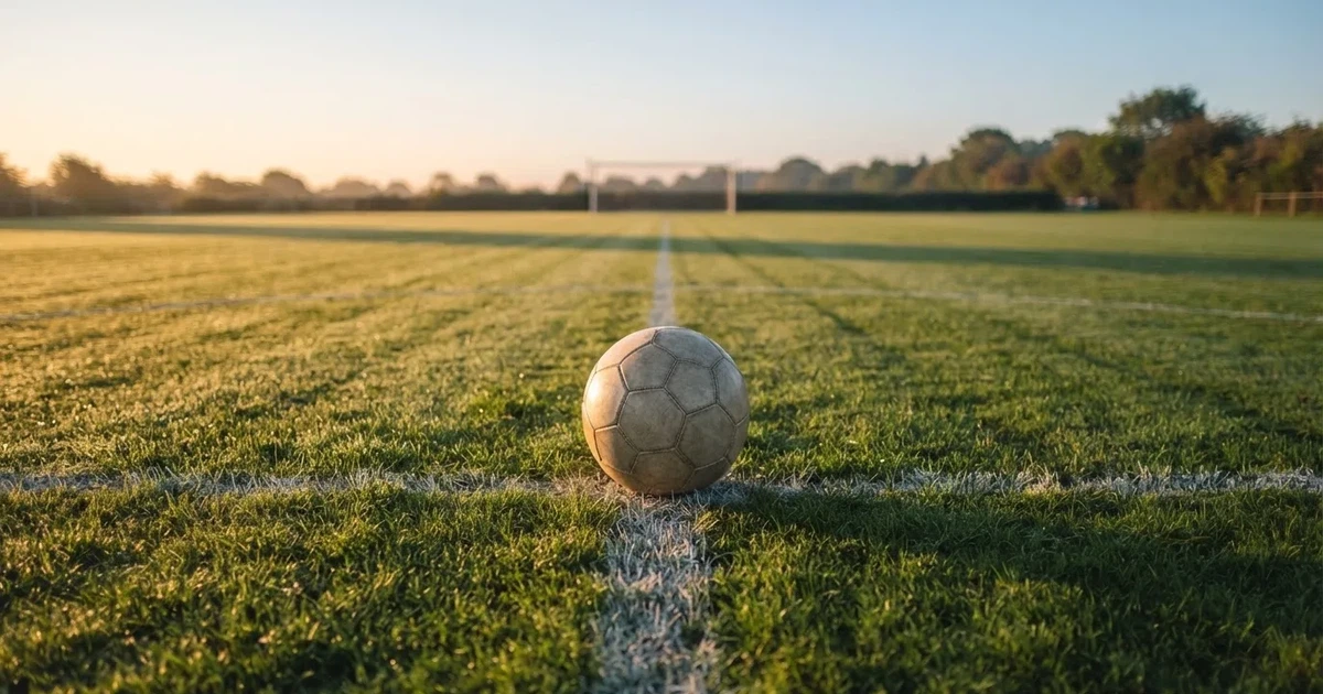 A ball on the centre spot of a grass pitch in morning light