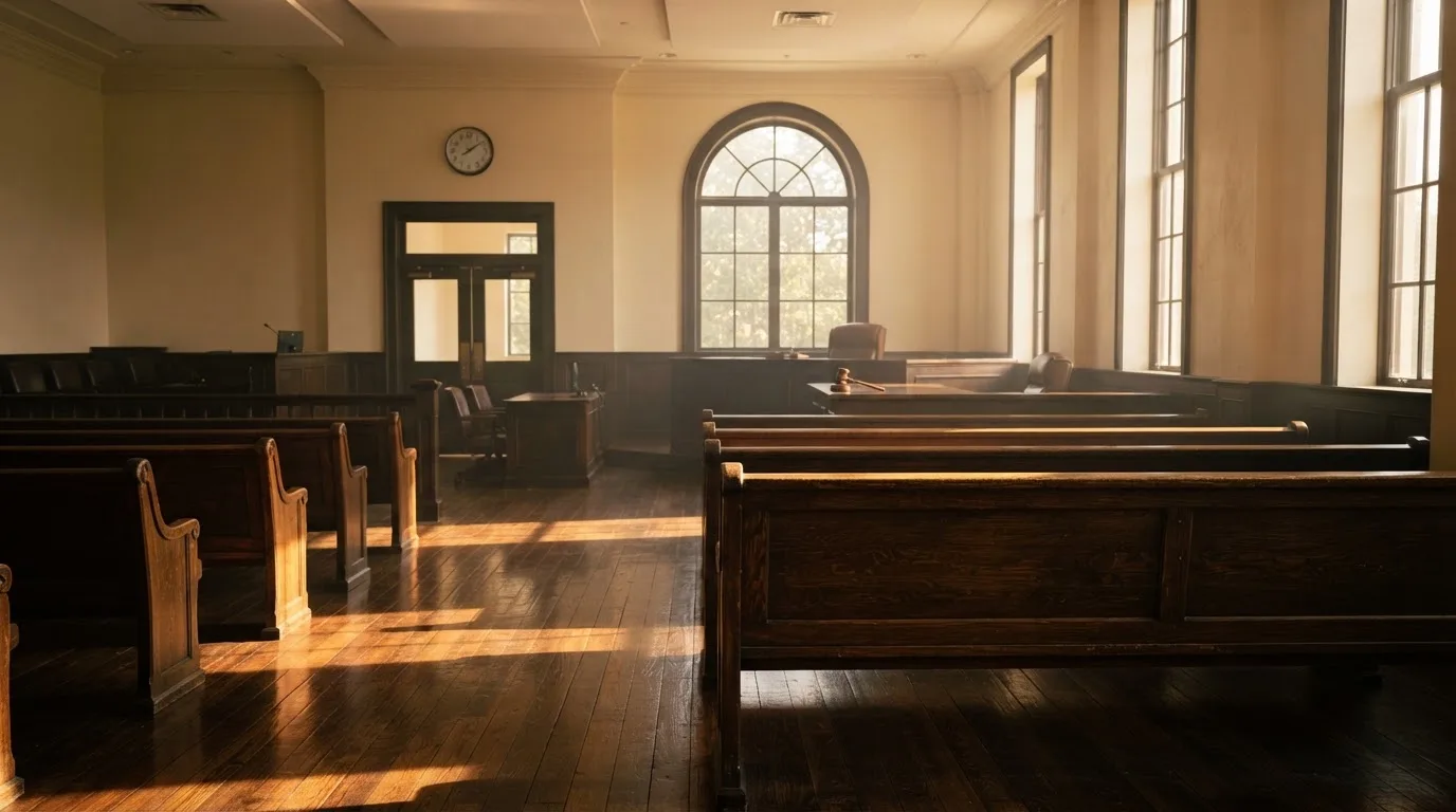 An empty courtroom with wooden benches in morning light