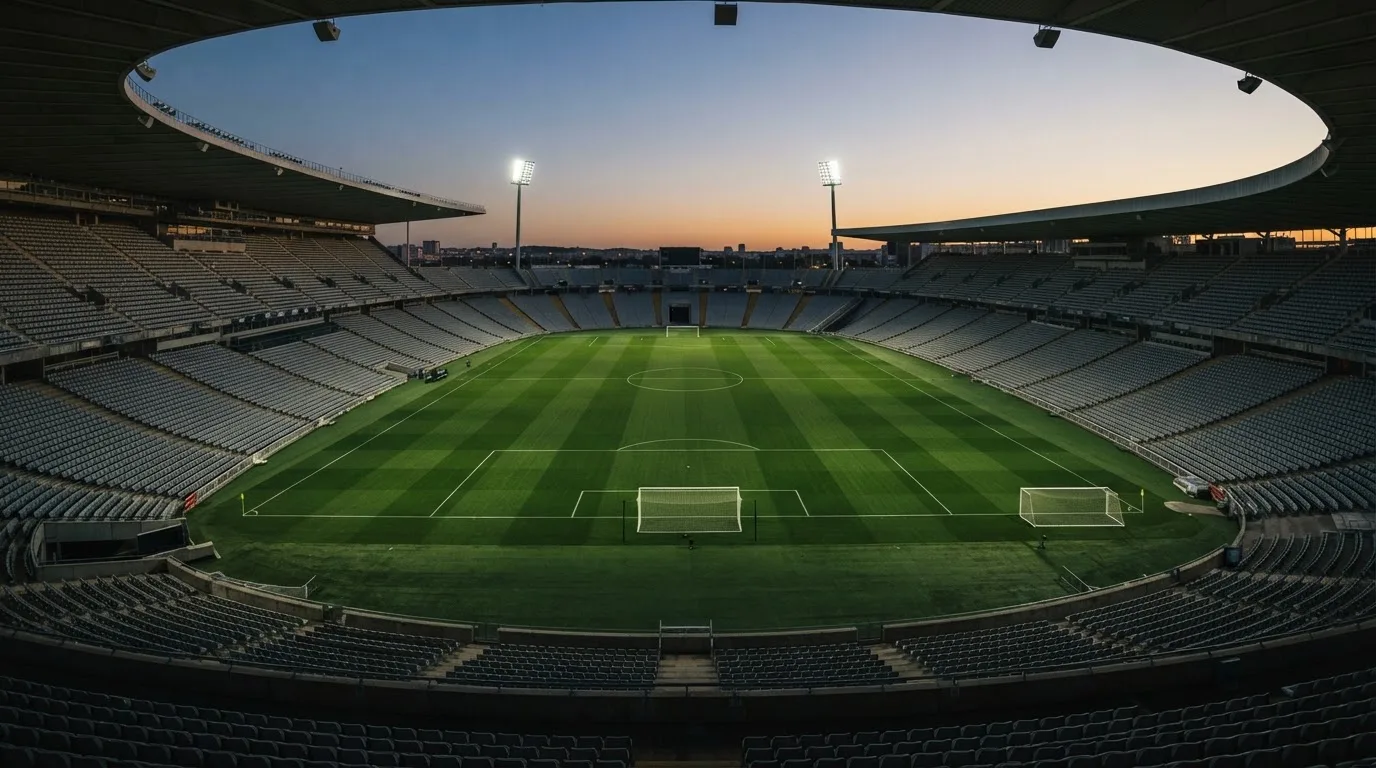 An empty football stadium with floodlight masts at dusk