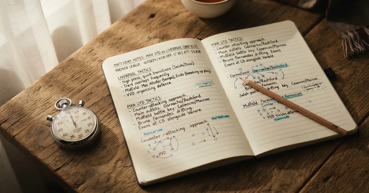 An open notebook with a pencil and a stopwatch on a wooden table