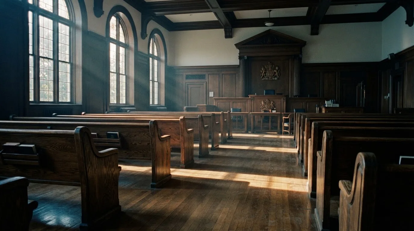 An empty courtroom with wooden benches in morning light