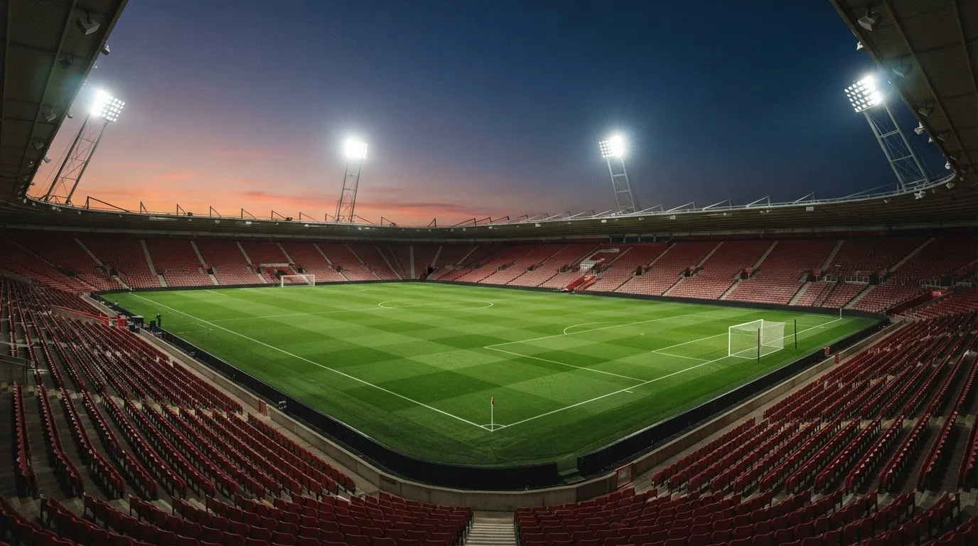 An empty football stadium with floodlight masts at dusk