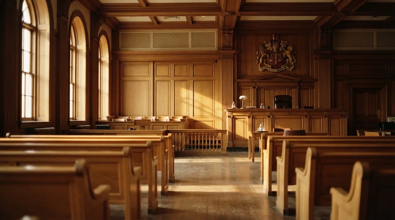 An empty courtroom with wooden benches in morning light