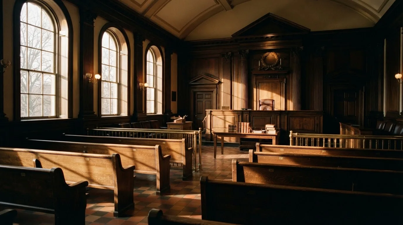 An empty courtroom with wooden benches in morning light