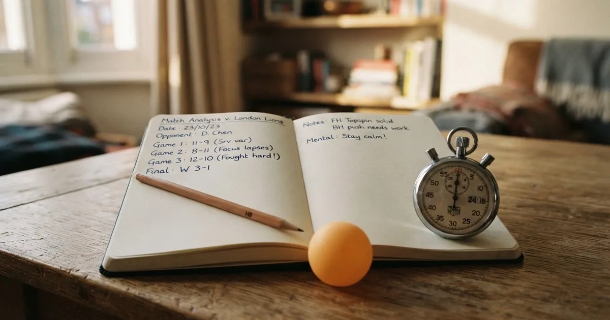 An open notebook with a pencil and a stopwatch on a wooden table