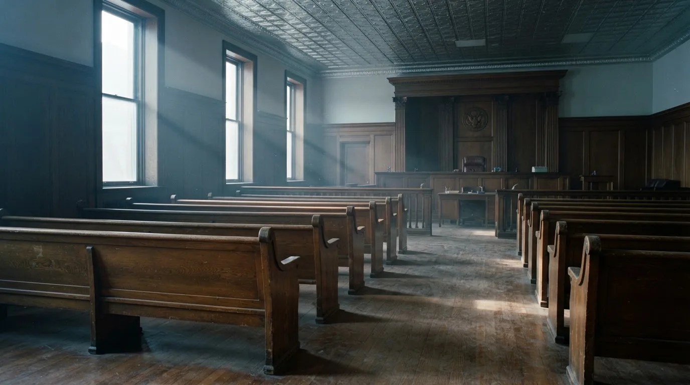 An empty courtroom with wooden benches in morning light