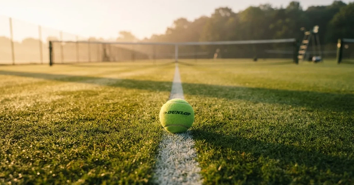 A ball on the centre spot of a grass pitch in morning light