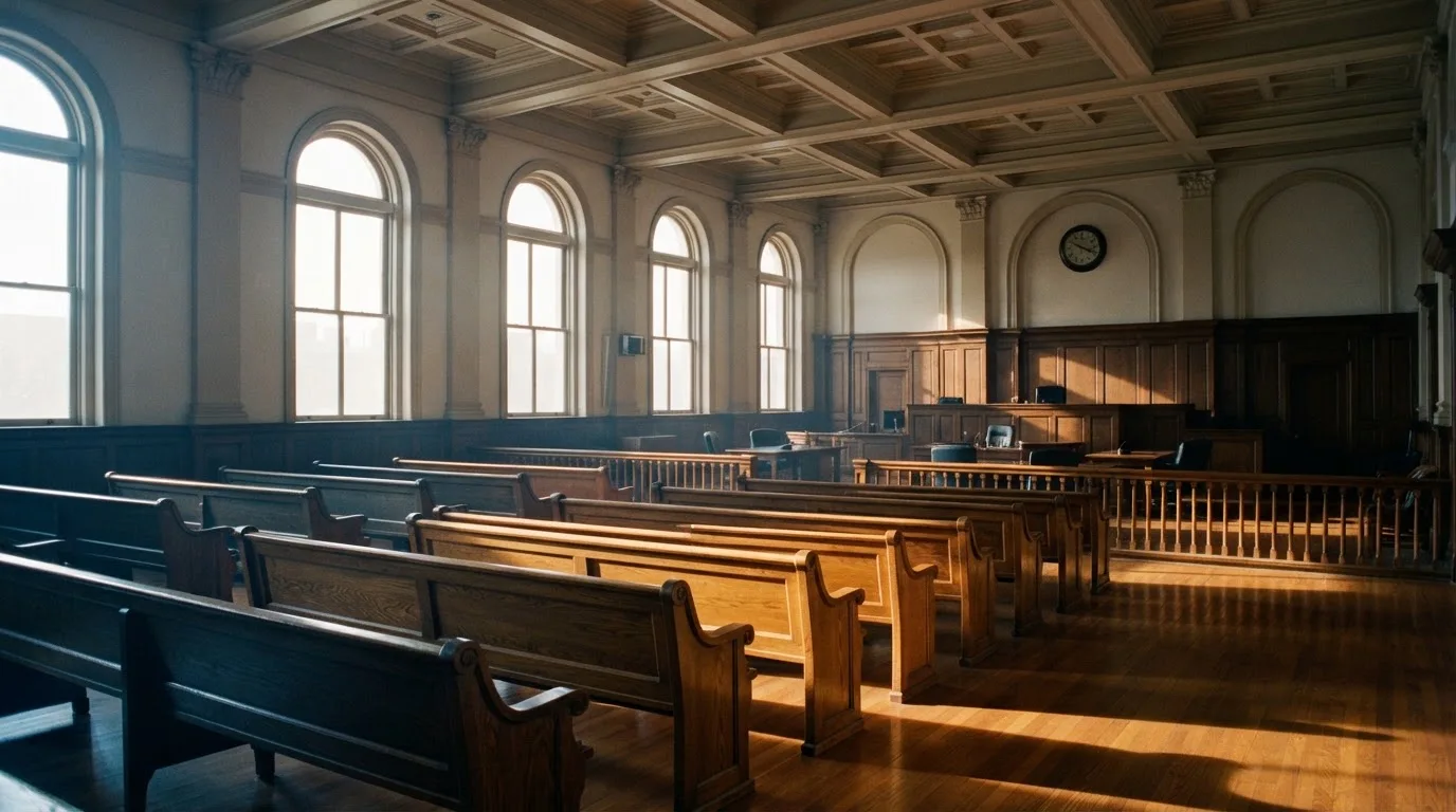 An empty courtroom with wooden benches in morning light