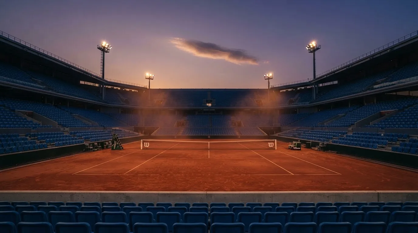 An empty football stadium with floodlight masts at dusk