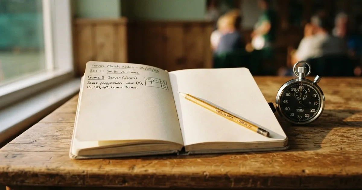 An open notebook with a pencil and a stopwatch on a wooden table