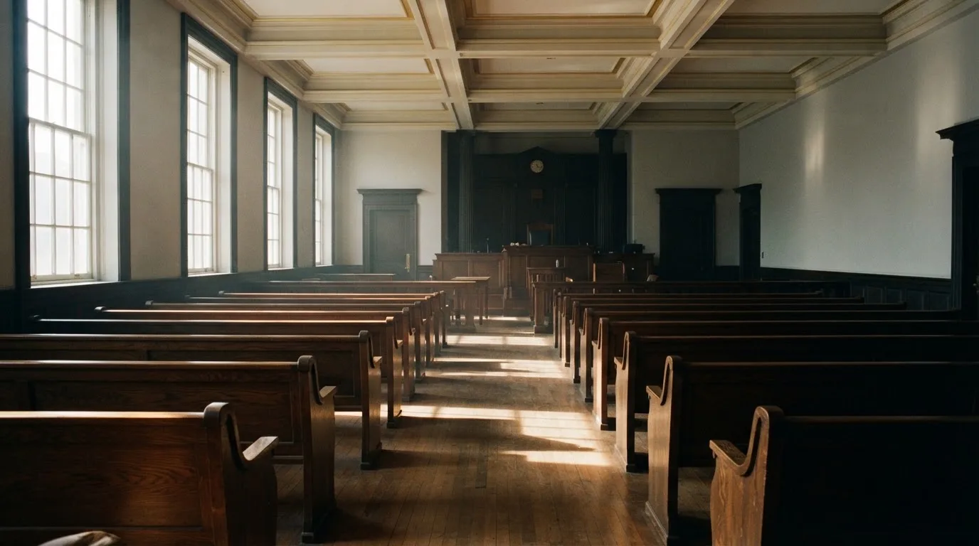 An empty courtroom with wooden benches in morning light