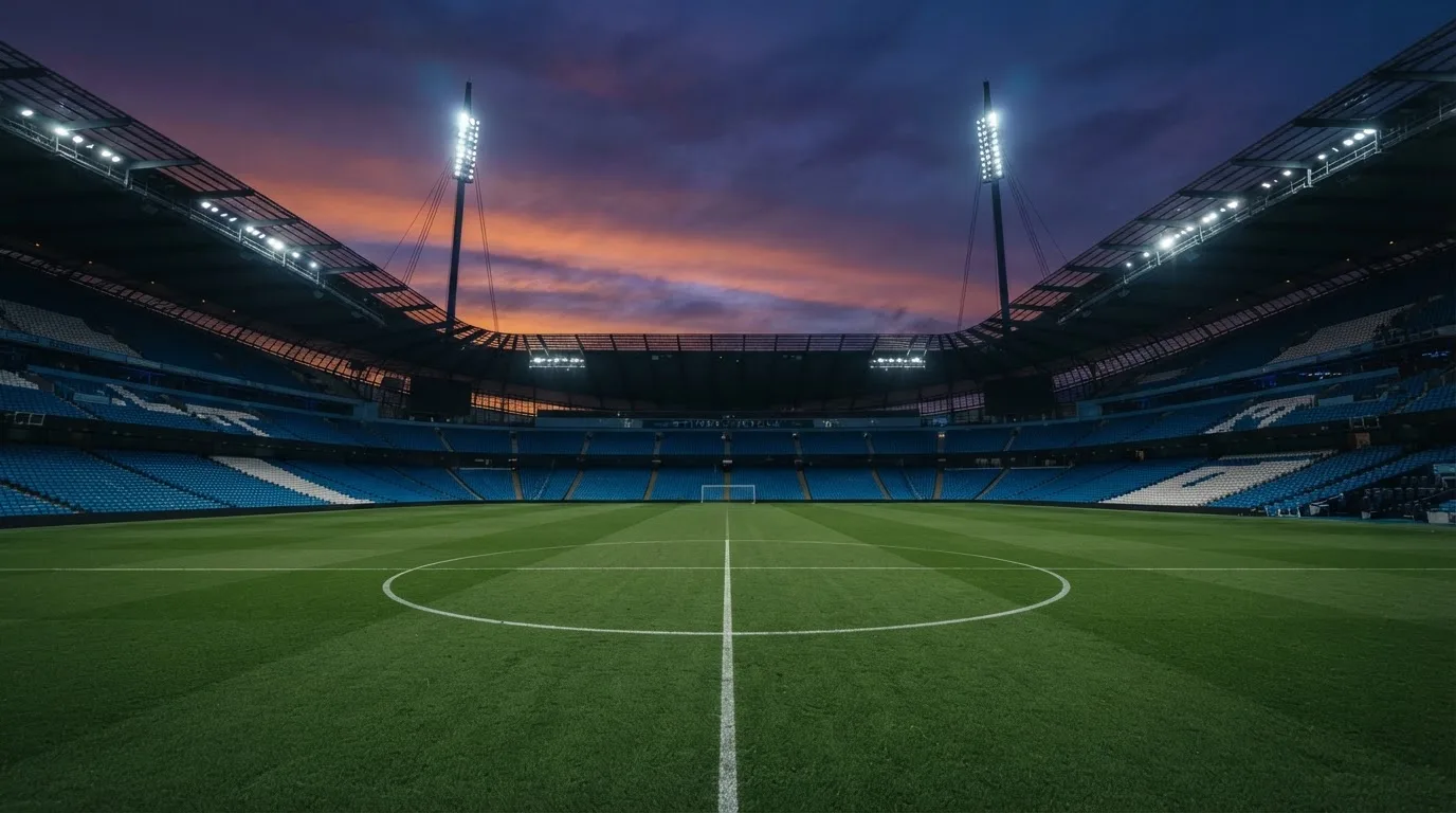 An empty football stadium with floodlight masts at dusk