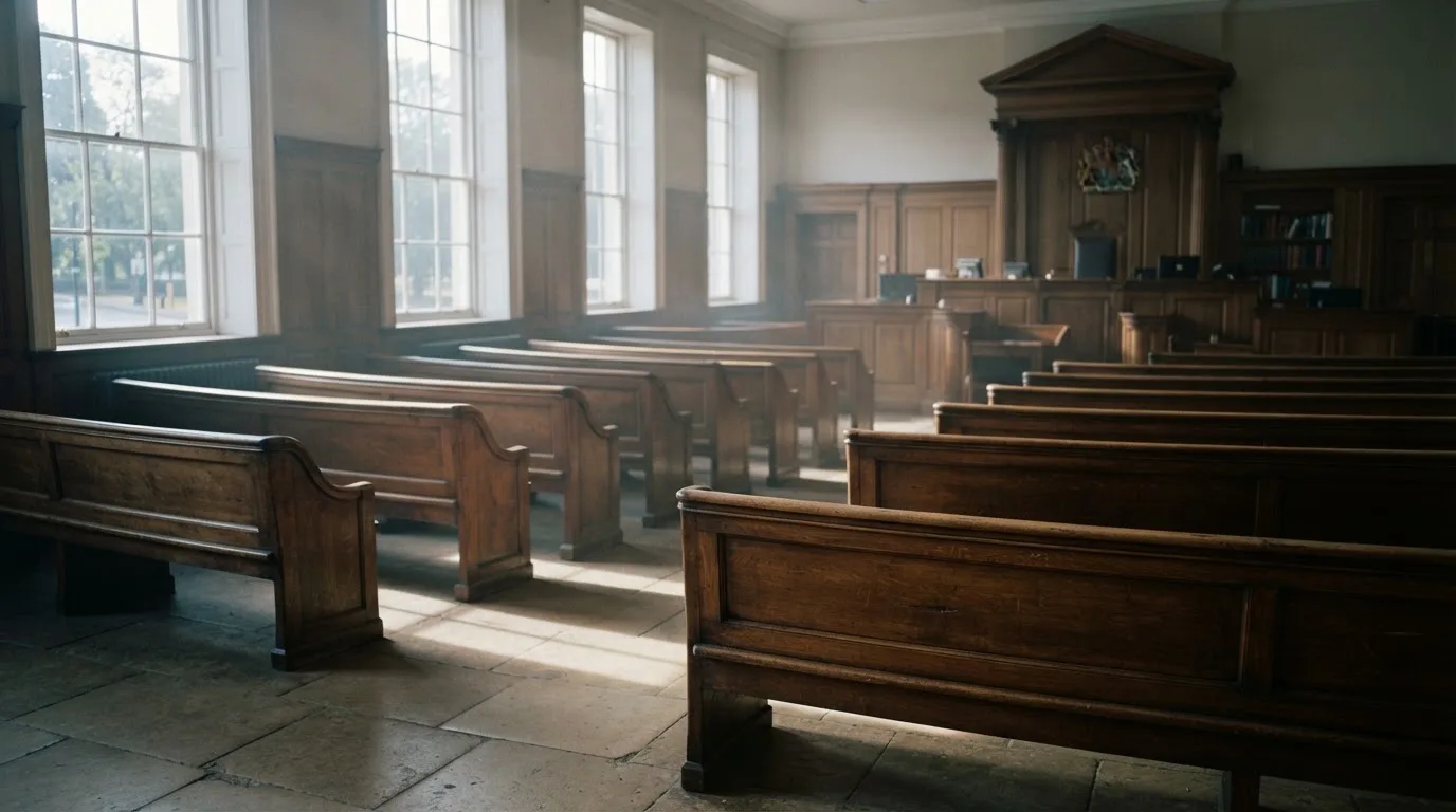 An empty courtroom with wooden benches in morning light