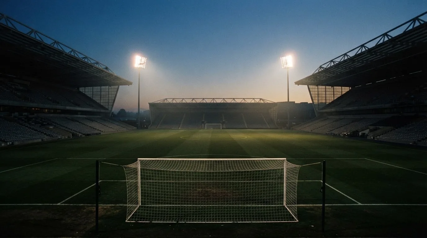 An empty football stadium with floodlight masts at dusk