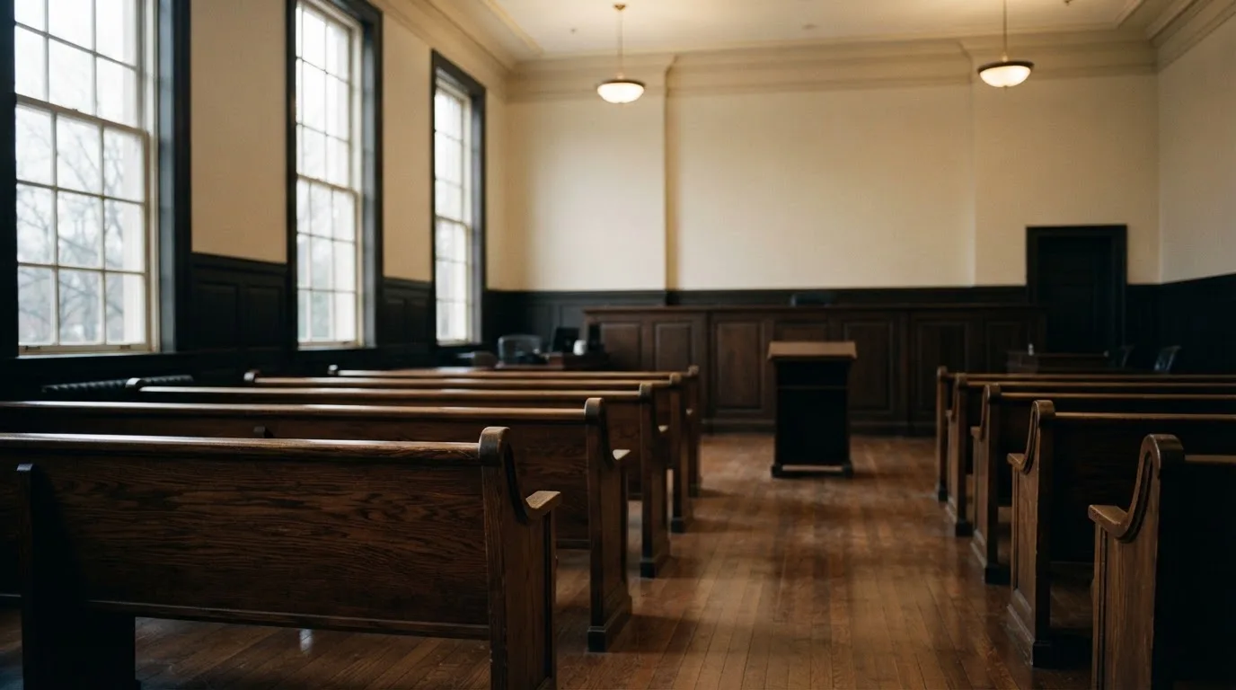An empty courtroom with wooden benches in morning light