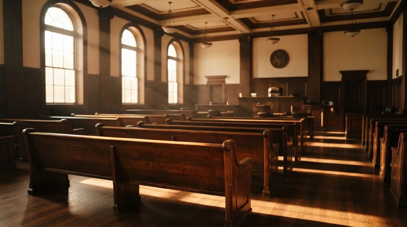 An empty courtroom with wooden benches in morning light
