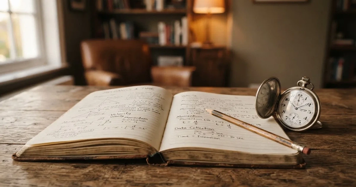 An open notebook with a pencil and a stopwatch on a wooden table