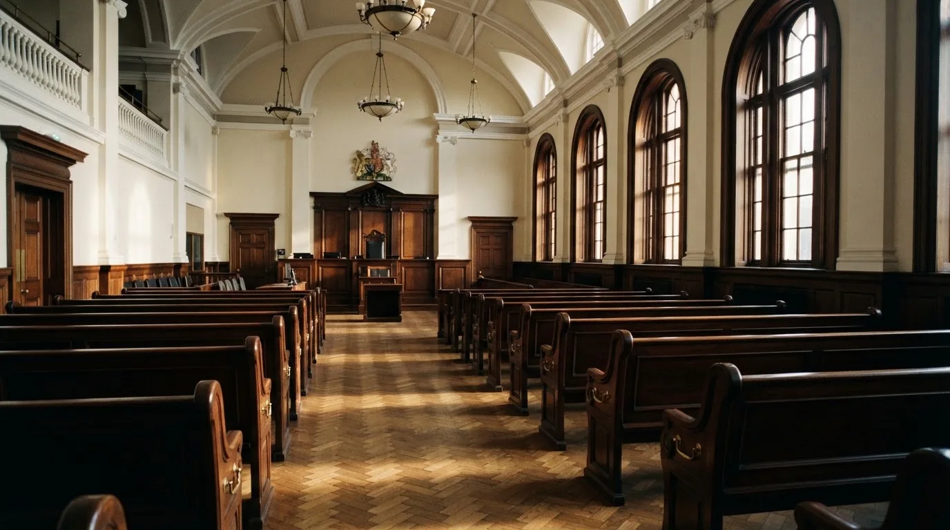An empty courtroom with wooden benches in morning light