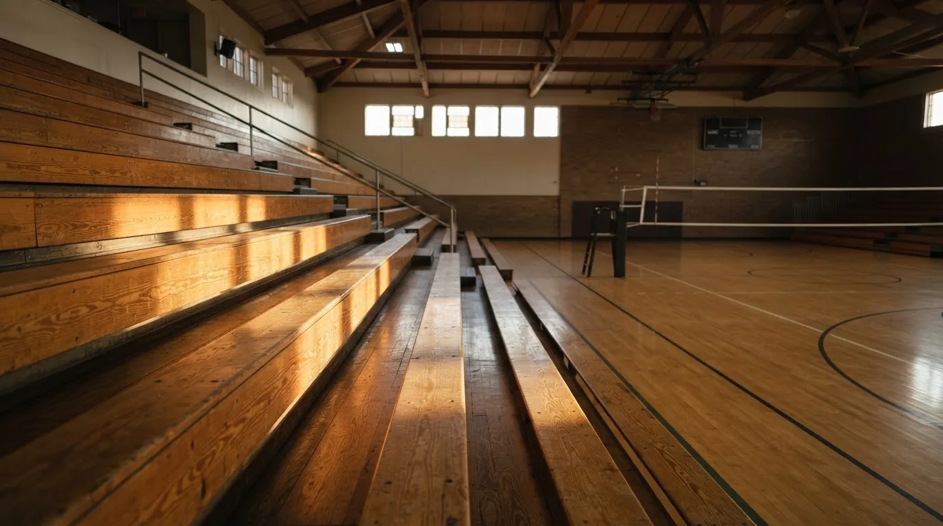 An empty courtroom with wooden benches in morning light
