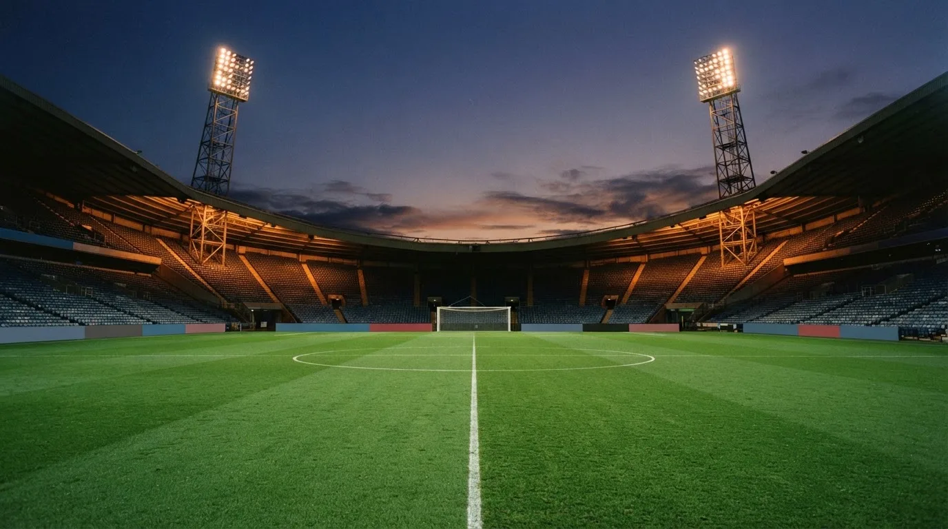An empty football stadium with floodlight masts at dusk
