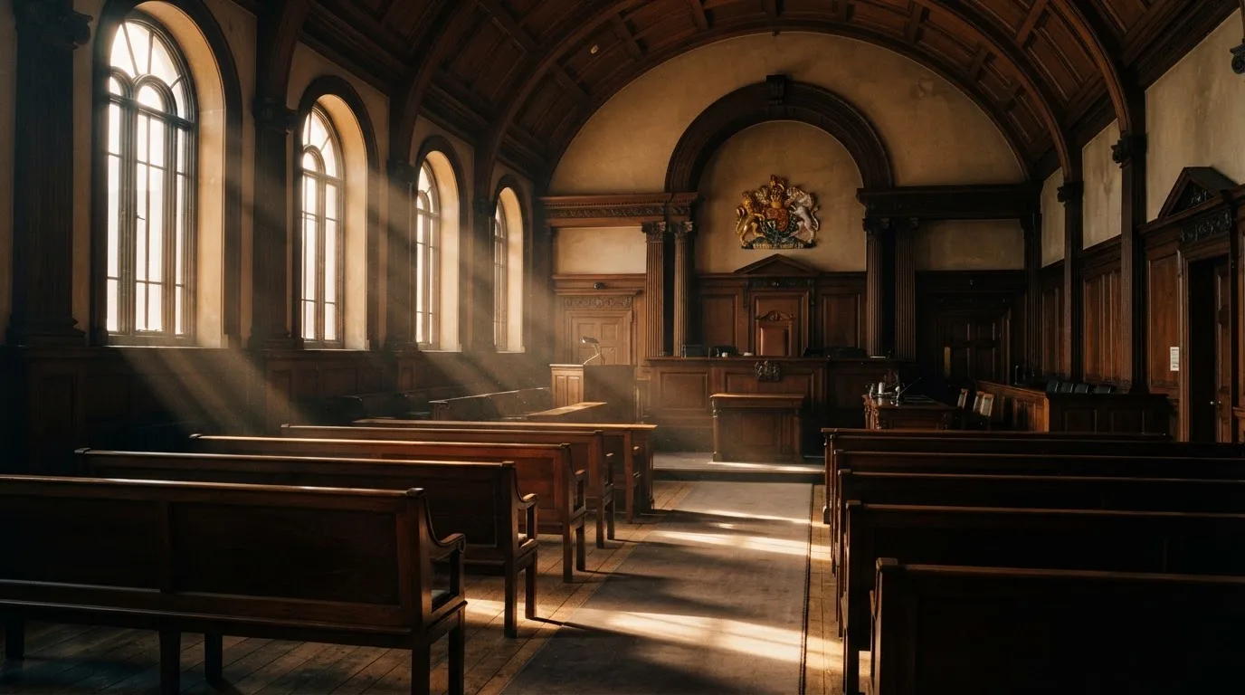 An empty courtroom with wooden benches in morning light