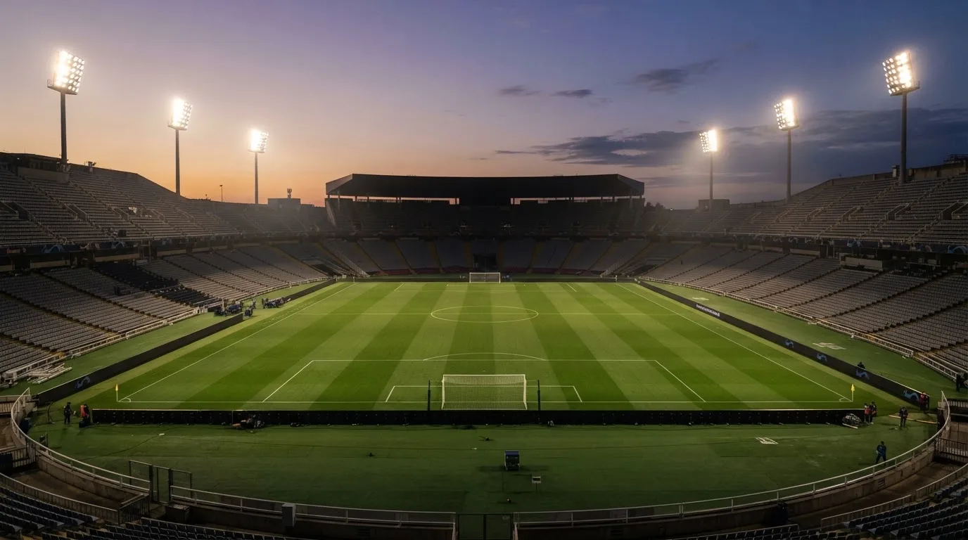 An empty football stadium with floodlight masts at dusk