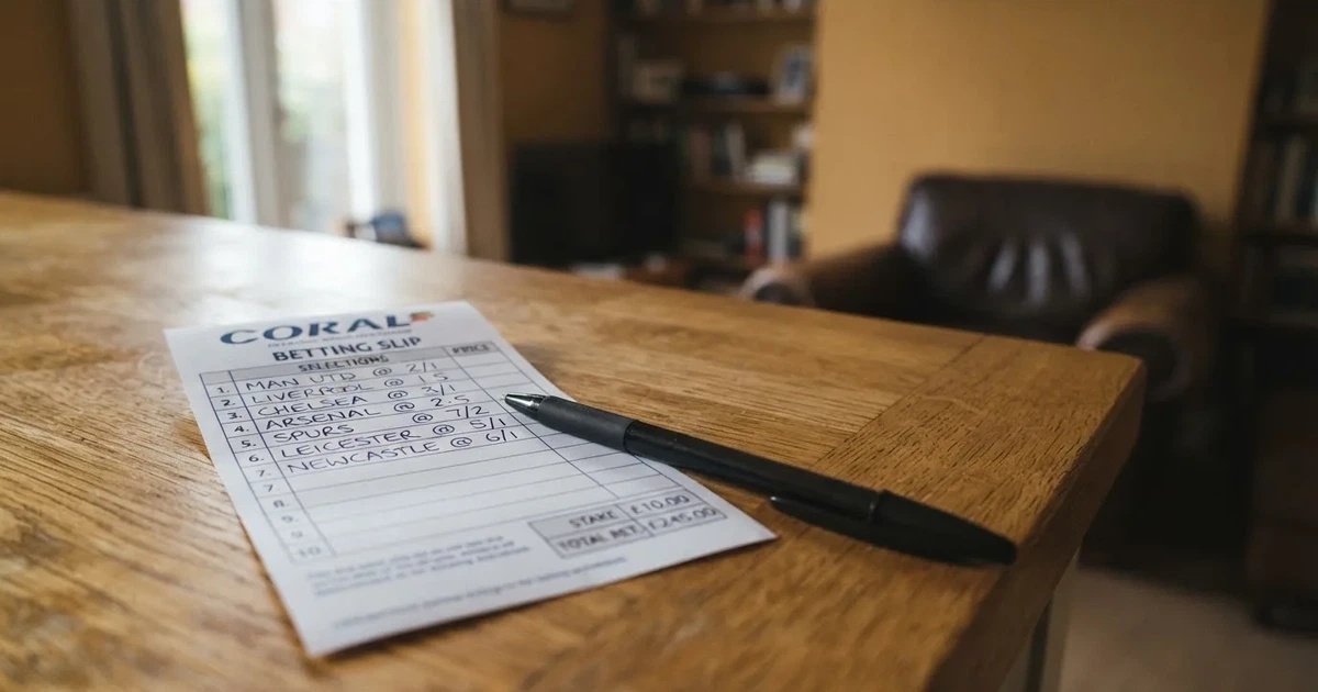 A blank paper betting slip beside a pen on a wooden counter