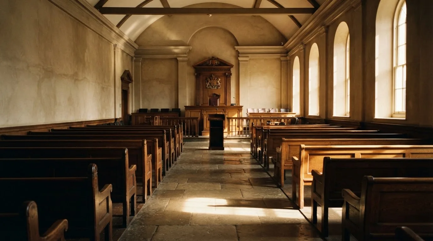 An empty courtroom with wooden benches in morning light