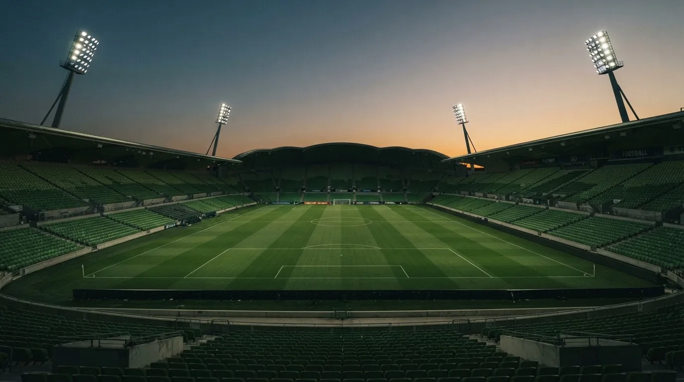 An empty football stadium with floodlight masts at dusk