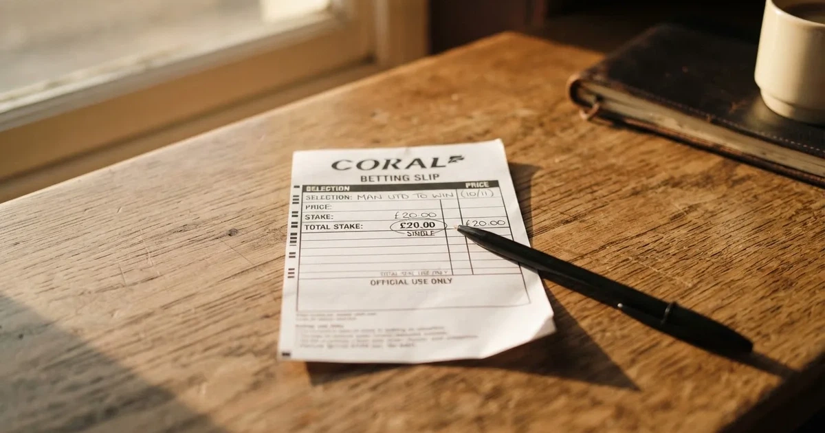 A blank paper betting slip beside a pen on a wooden counter