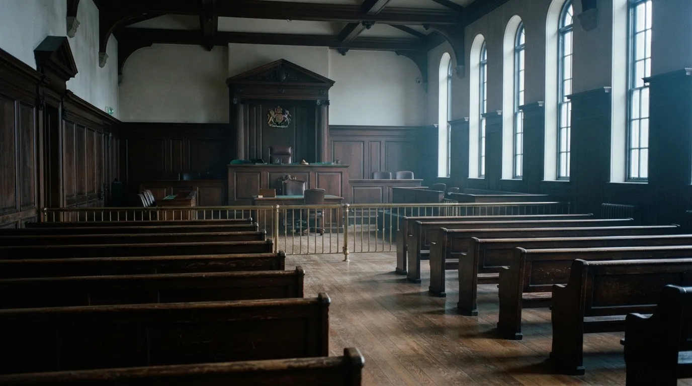 An empty courtroom with wooden benches in morning light