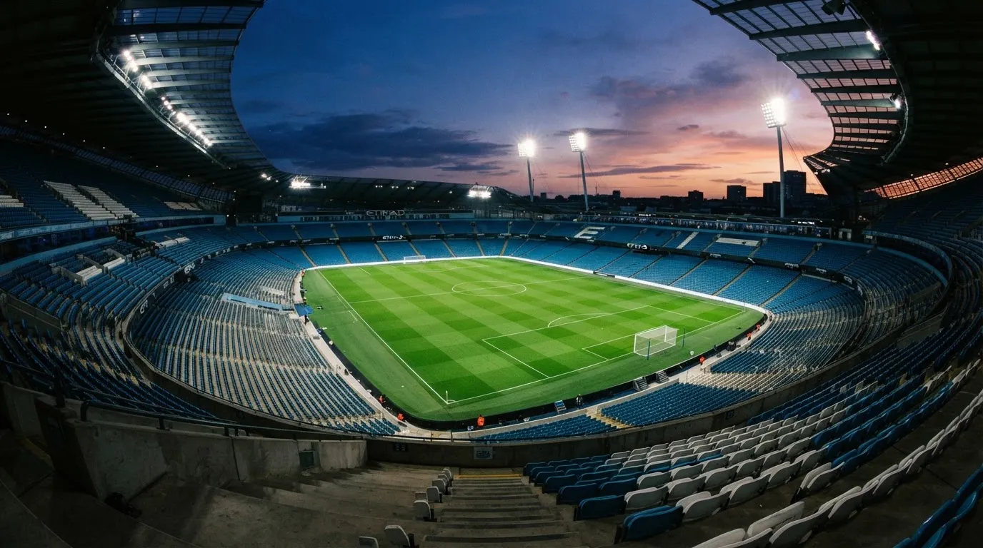 An empty football stadium with floodlight masts at dusk